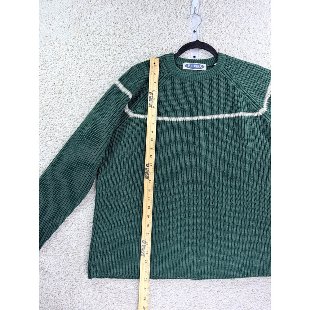 Vintage Express Sweater Women XL Green Ribbed Knit Crewneck Raglan Stripe - Picture 4 of 7